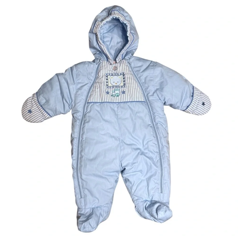 Vintage Quiltex Baby Boy Snowsuit Bunting – Blue Striped Bear Train – 3–6 Months